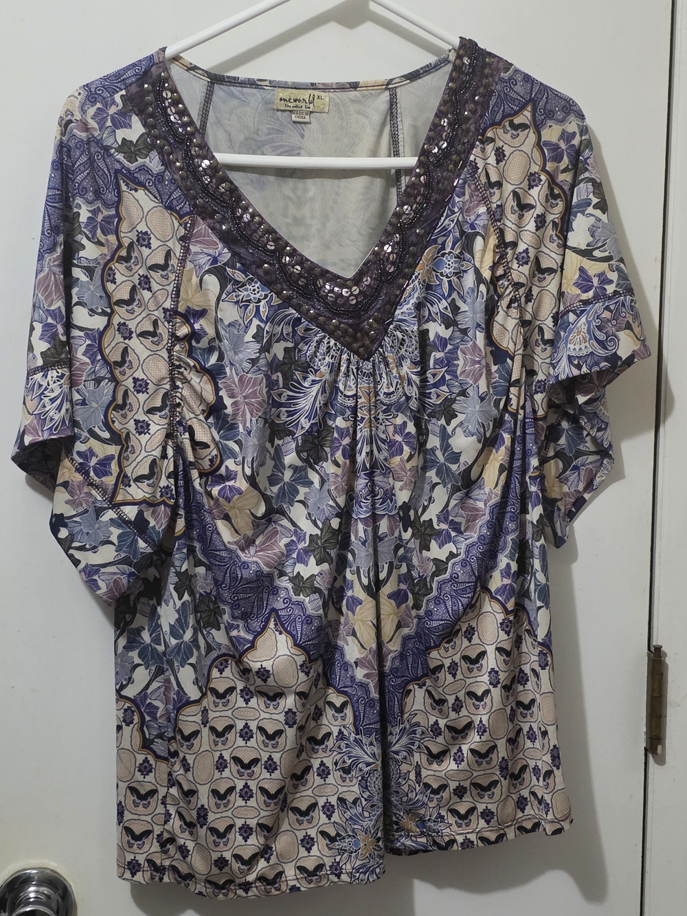 ONE WORLD Purple and Cream V-Neck Mixed Floral Paisley Tunic with Sequin Trim
